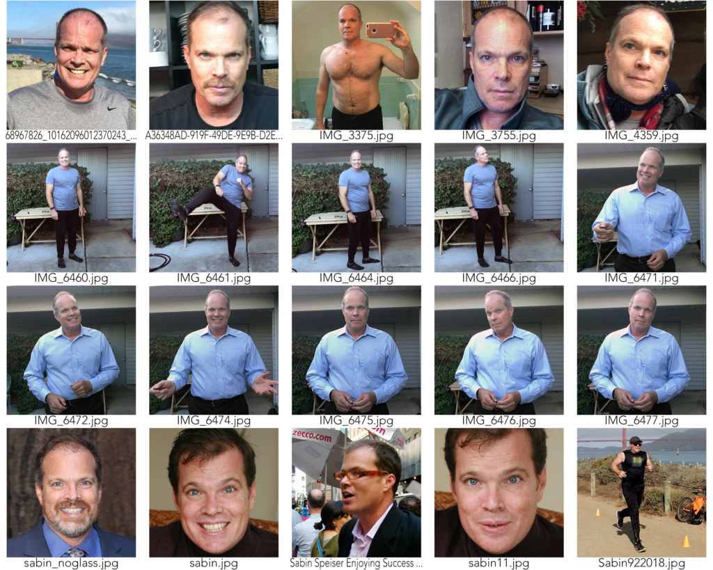 Contact sheet of images of Sabin Speiser used for training  image generative AI. 